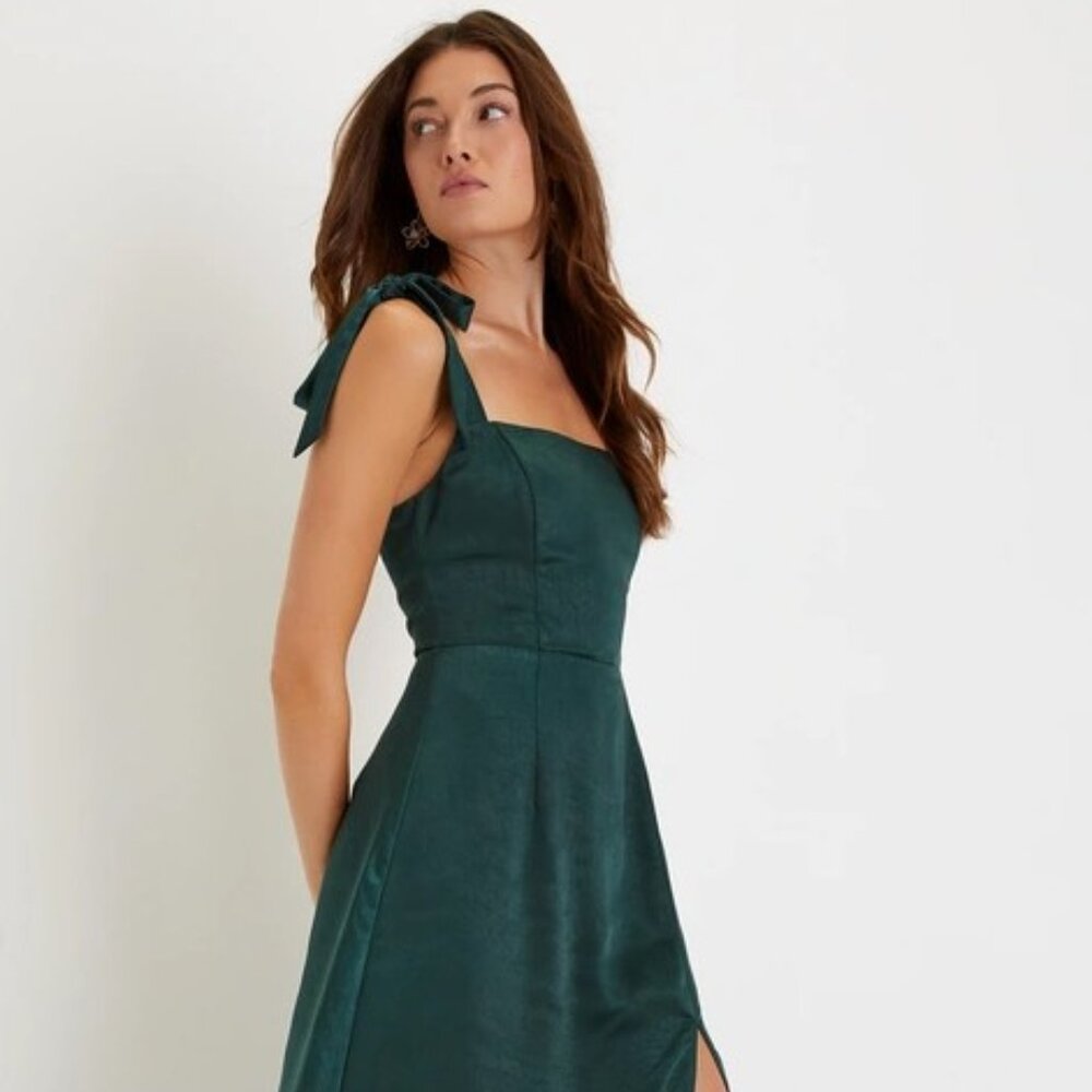 Made to Be Adored Hunter Green Satin Tie-Strap Maxi Dress